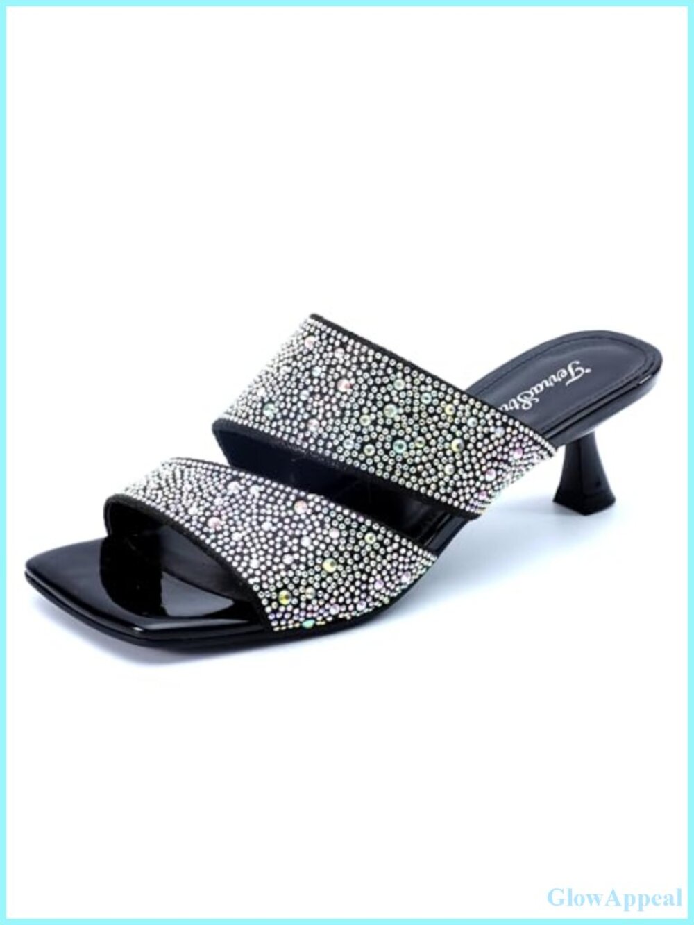 Rhinestone Kitten Heel Square Open Toe Double Strap Slide Sandals Party Wear